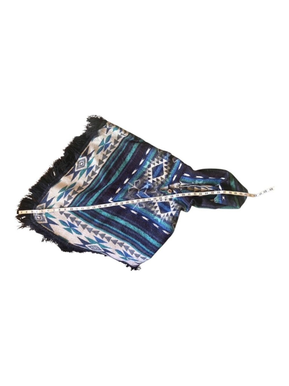 Ecuadorian Poncho Kids 8 Handmade Alpaca Wool Hood & Fringe Blue White Turquoise - Picture 3 of 12